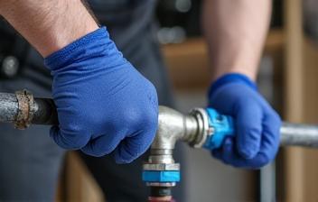 A plumber installing residential kitchen pipes