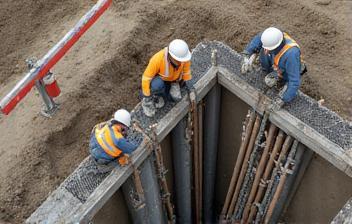 Crew performing shoring and underpinning work on a construction site