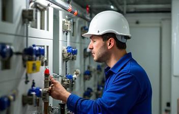 Apex Plumbing technician inspecting upgraded mechanical room